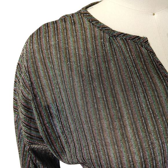 Vintage 70s Metallic Top Size M Black Stripe Disco Short Sleeve With It Shimmer - Picture 4 of 9